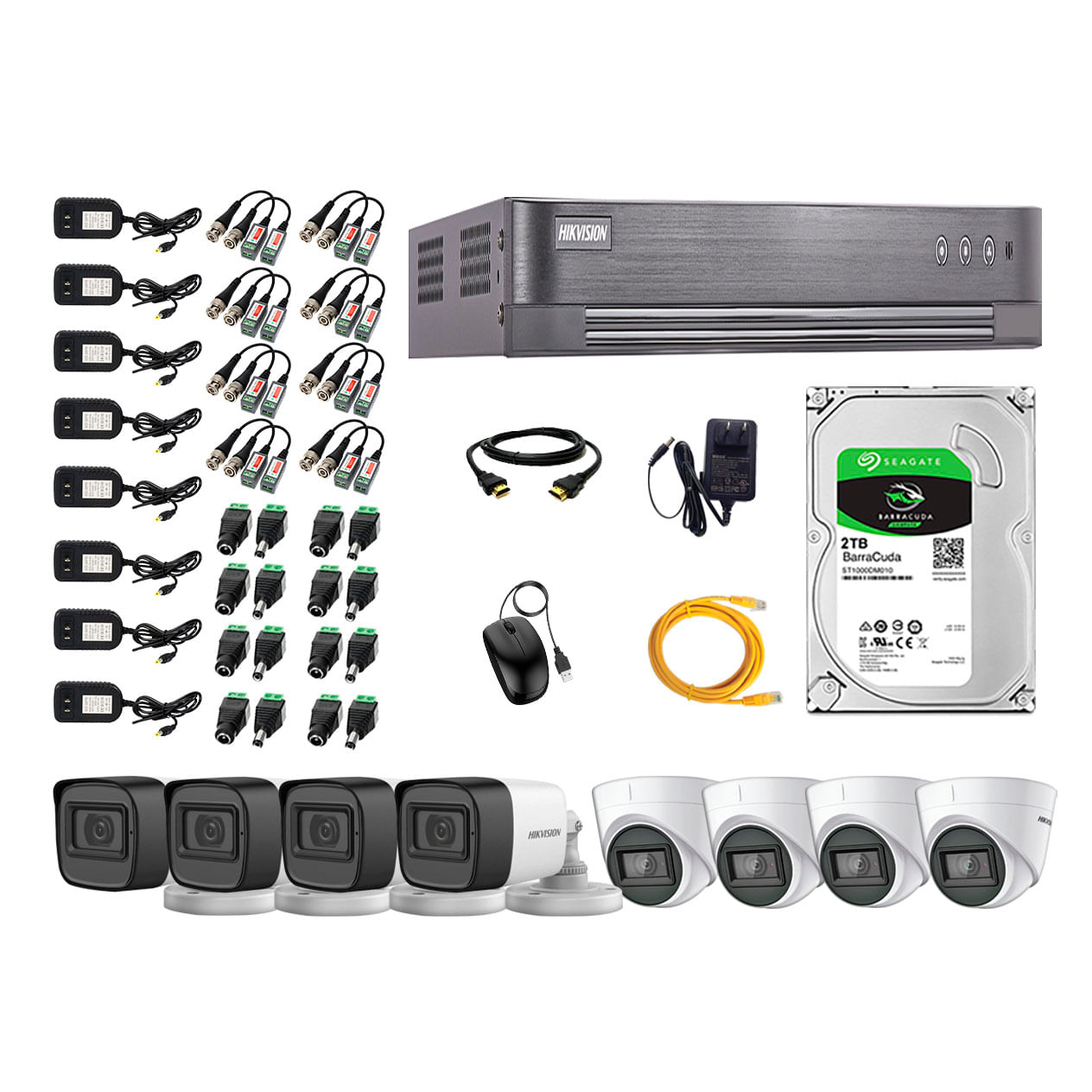Kit de seguridad Hikvision 4 cámaras Domo (audio incorporado) 1080P + 4 cámaras Tubo (audio incorporado) 1080P + dvr turbo + disco 2TB