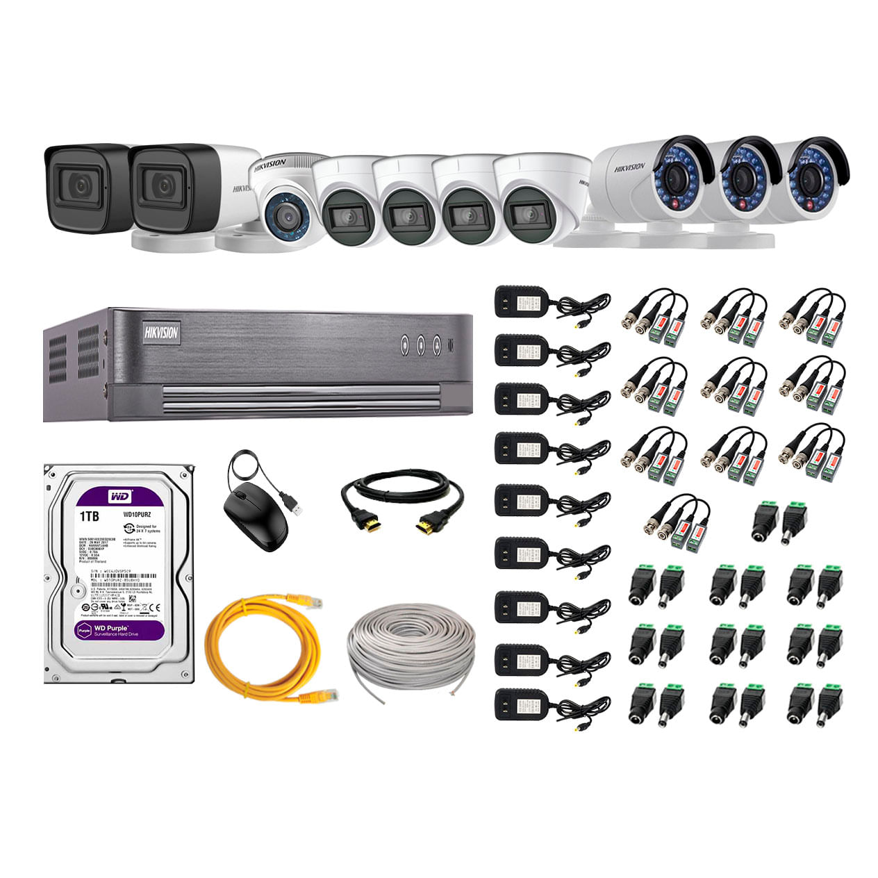 Kit de seguridad Hikvision 4 cámaras Domo (audio incorporado) + 2 cámaras Tubo (audio incorporado) + 1 cámaras Domo + 3 cámras Tubo + dvr + disco 1TB
