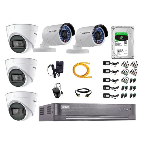 Kit de seguridad Hikvision 3 cámaras Domo (audio incorporado) 1080P + 2 cámaras Tubo 1080P + dvr + disco 2TB