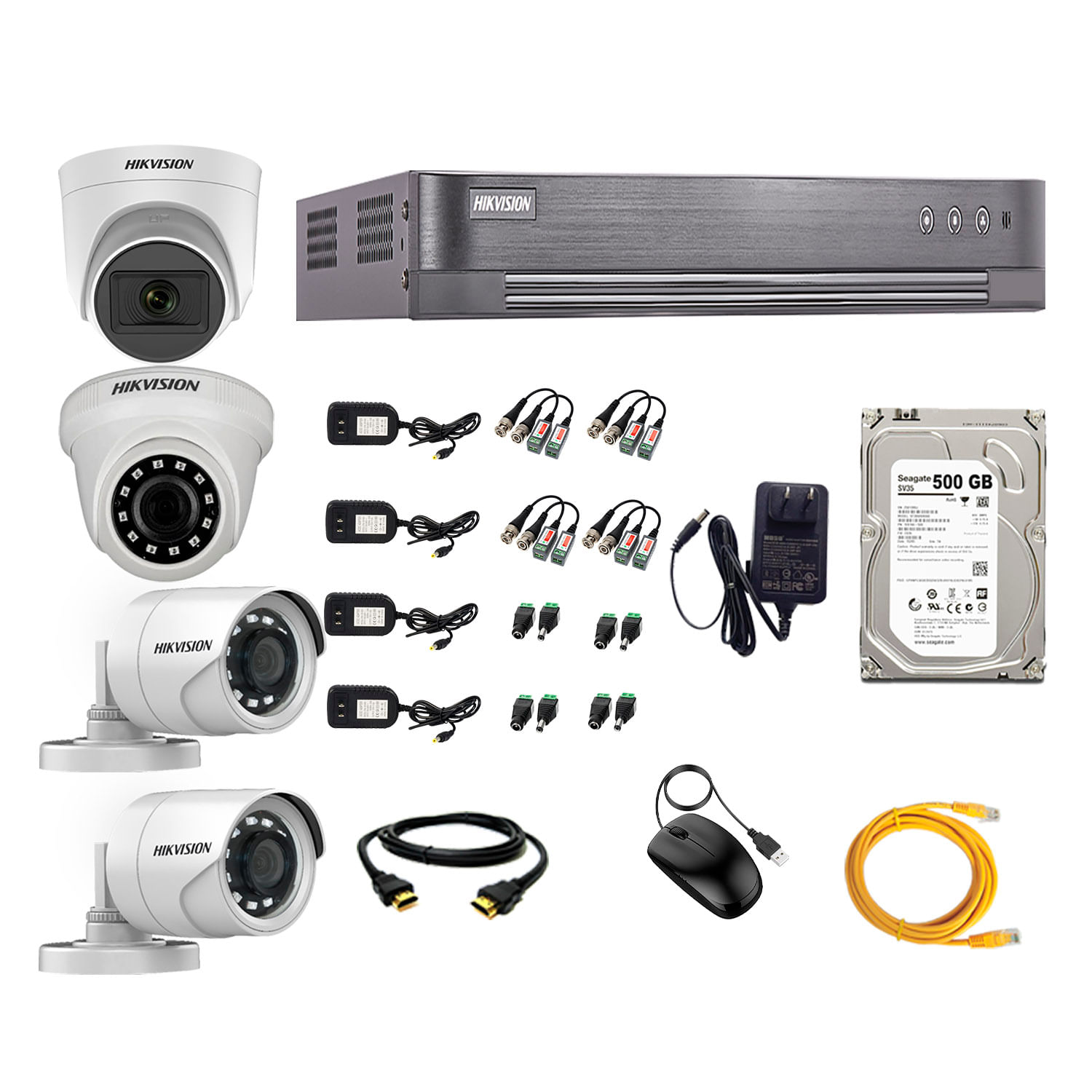 Kit de seguridad Hikvision 1 cámara Domo (micrófono incorporado) 1080P + 1 cámara Domo 1080P + 2 cámaras Tubo 1080P + dvr + disco 500GB