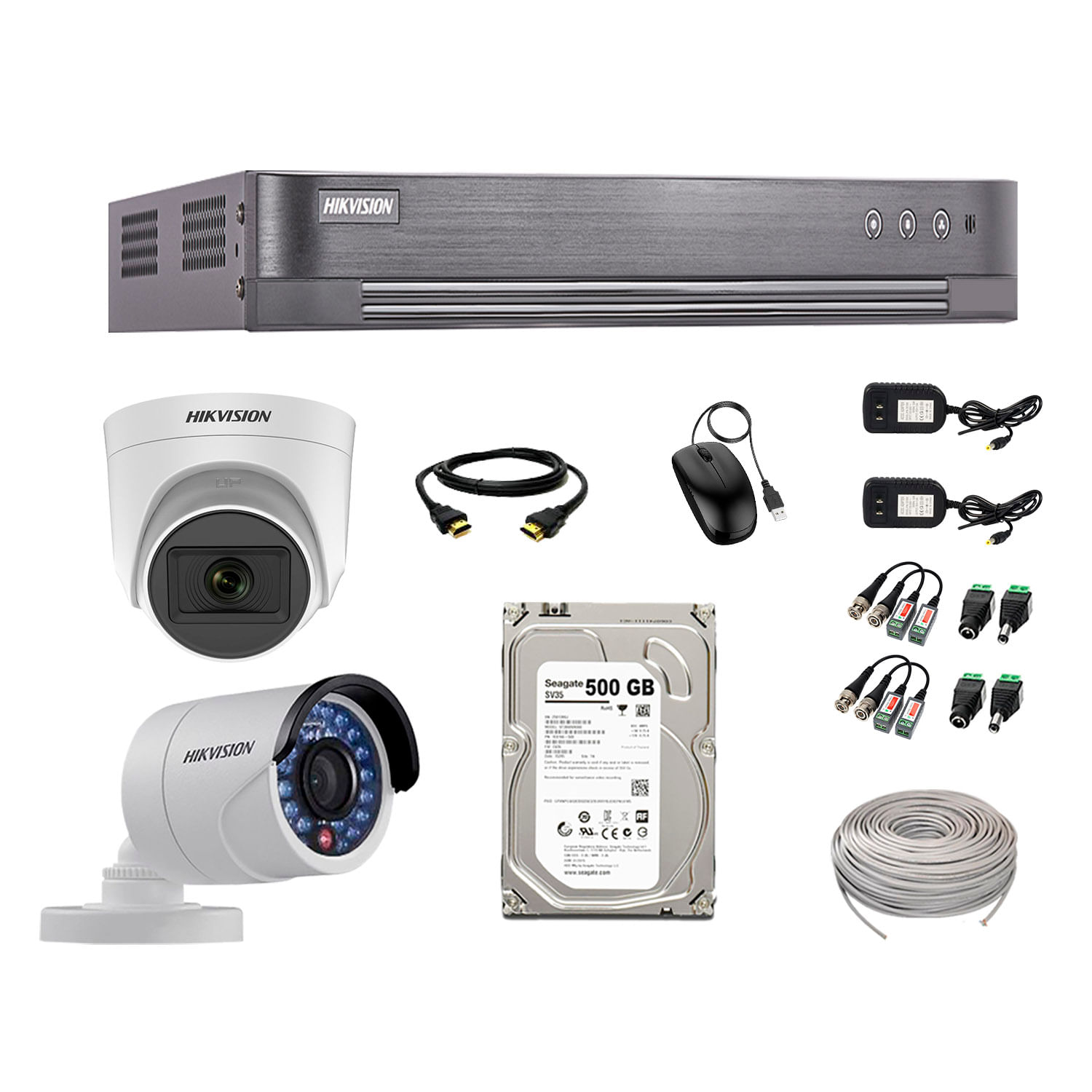 Kit de seguridad Hikvision 1 cámara Domo (micrófono incorporado) 1080P + 1 cámara Tubo 720P + dvr + disco 500GB