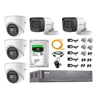 Kit de seguridad Hikvision 3 cámaras Domo (audio incorporado) 1080P + 2 cámaras Tubo (audio incorporado) 1080P + dvr + disco 1TB