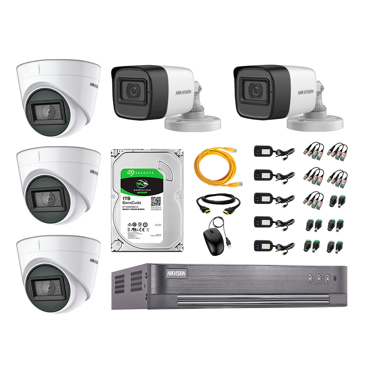 Imagen 1 del producto Kit de seguridad Hikvision 3 cámaras Domo (audio incorporado) 1080P + 2 cámaras Tubo (audio incorporado) 1080P + dvr + disco 1TB