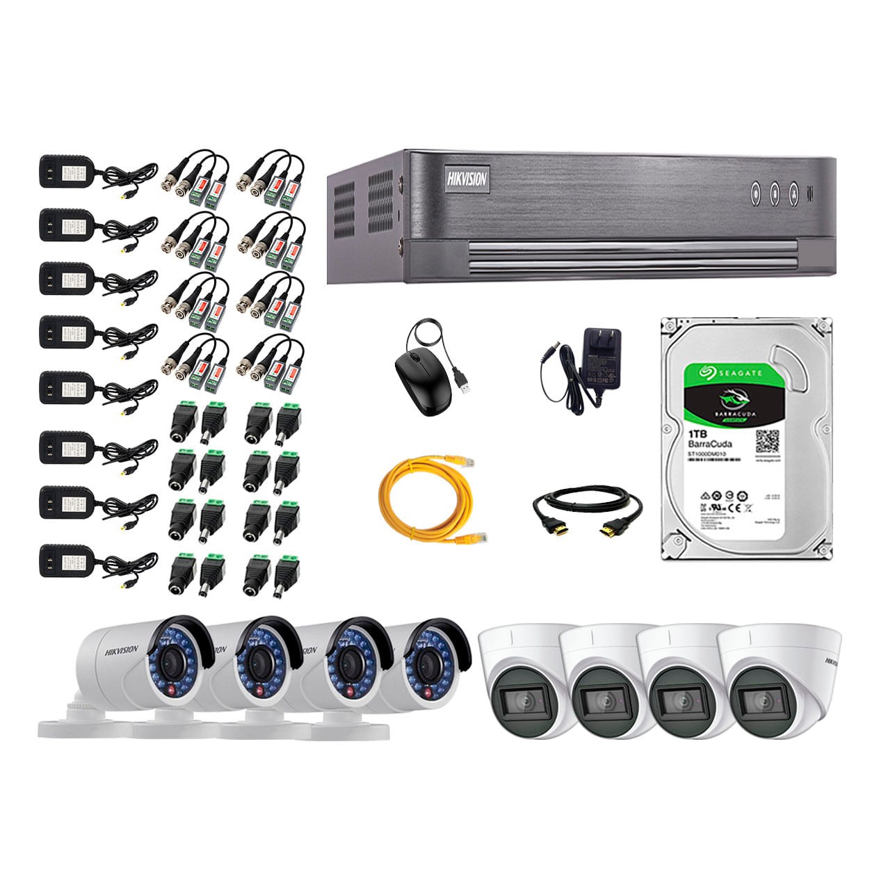 Imagen 1 del producto Kit de seguridad Hikvision 4 cámaras Domo (audio incorporado) 1080P + 4 cámaras Tubo + dvr + disco 1TB