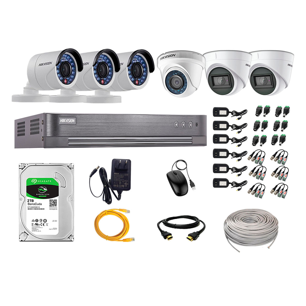 Imagen 1 del producto Kit de seguridad Hikvision 2 cámaras Domo (audio incorporado) 1080P + 1 cámara Domo 1080P + 3 cámaras Tubo 1080P + dvr + disco 2TB