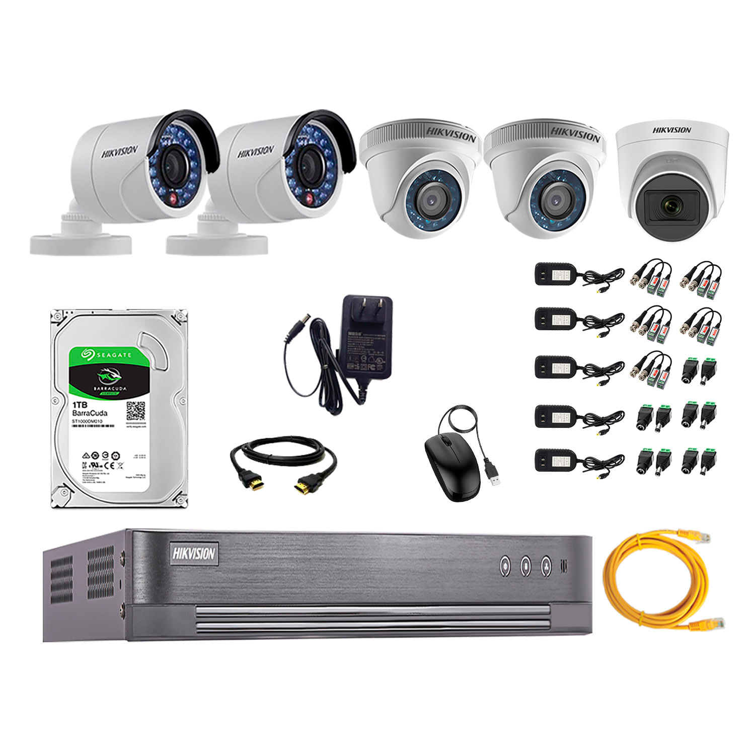 Imagen 1 del producto Kit de seguridad Hikvision 1 cámara Domo (micrófono incorporado) 1080P + 2 cámaras Domo Turbo 720P + 2 cámaras Tubo Turbo 720P + dvr + disco 1TB