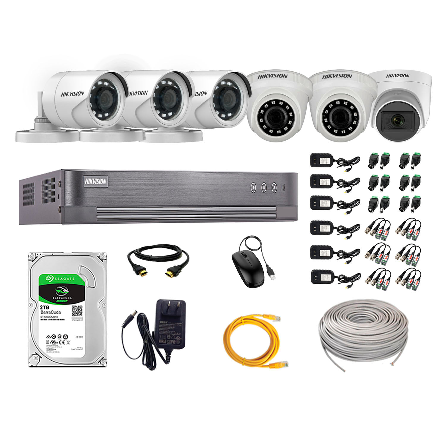 Imagen 1 del producto Kit de seguridad Hikvision 1 cámara Domo (micrófono incorporado) 1080P + 2 cámaras Domo Turbo 1080P + 3 cámaras Tubo Turbo 1080P + dvr + disco 2TB