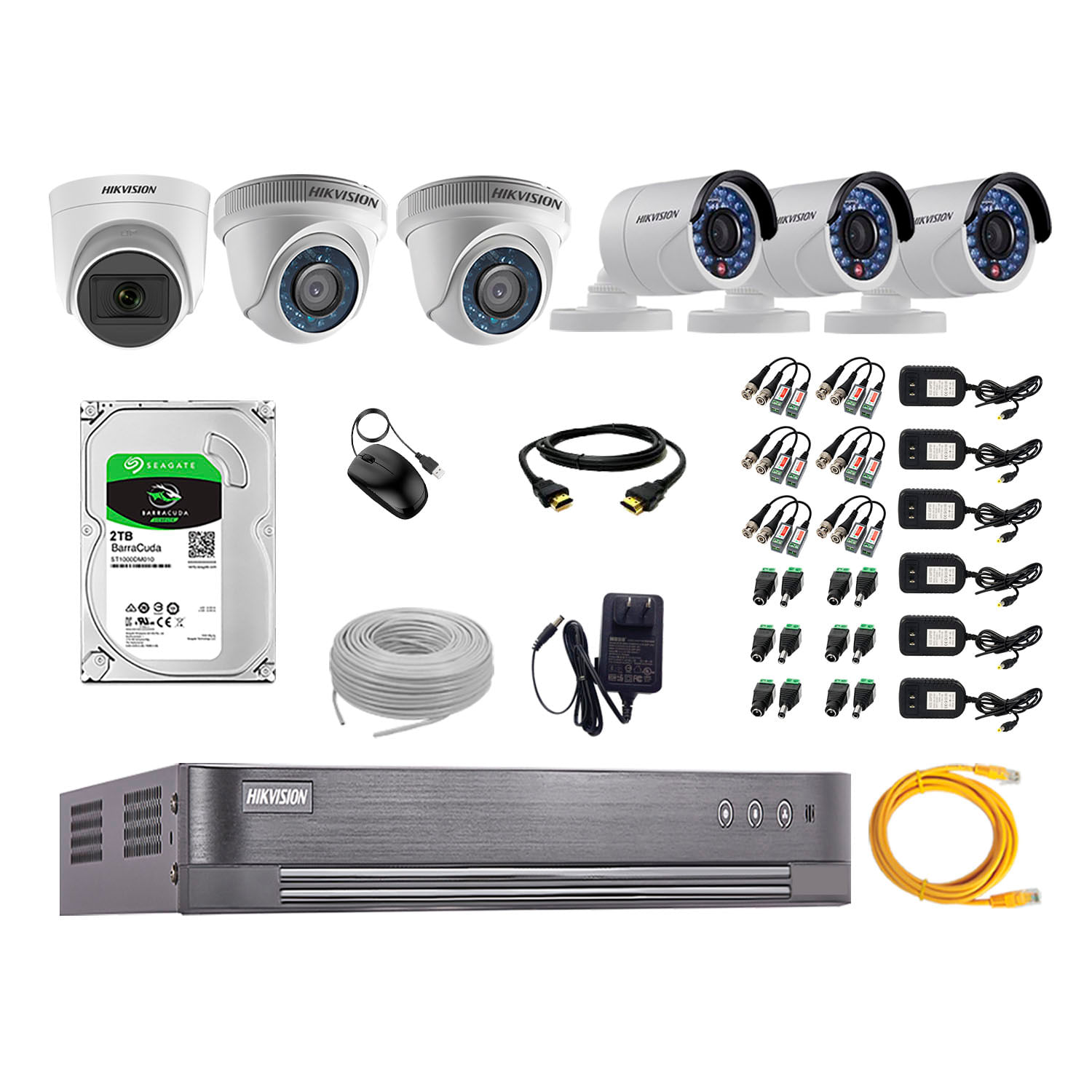 Imagen 1 del producto Kit de seguridad Hikvision 1 cámara Domo (micrófono incorporado) 1080P + 2 cámaras Domo Turbo 720P + 3 cámaras Tubo Turbo 720P + dvr + disco 2TB
