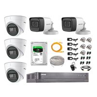 Kit de seguridad Hikvision 3 cámaras Domo (audio incorporado) 1080P + 2 cámaras Tubo (audio incorporado) 1080P + dvr + disco 1TB