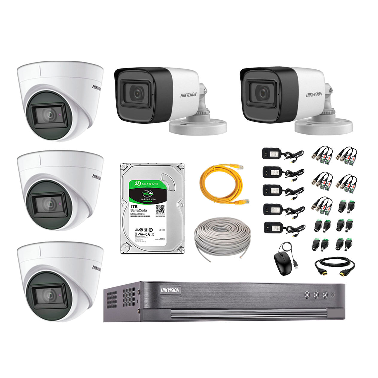 Imagen 1 del producto Kit de seguridad Hikvision 3 cámaras Domo (audio incorporado) 1080P + 2 cámaras Tubo (audio incorporado) 1080P + dvr + disco 1TB