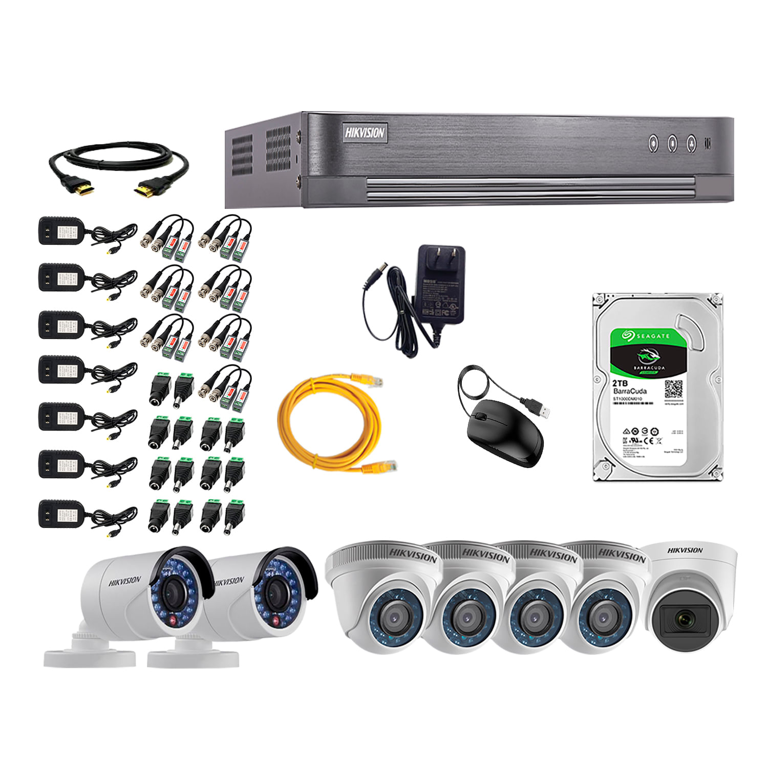 Imagen 1 del producto Kit de seguridad Hikvision 1 cámara Domo (micrófono incorporado) 1080P + 4 cámaras Domo Turbo 720P + 2 cámaras Tubo Turbo 720P + dvr + disco 2TB