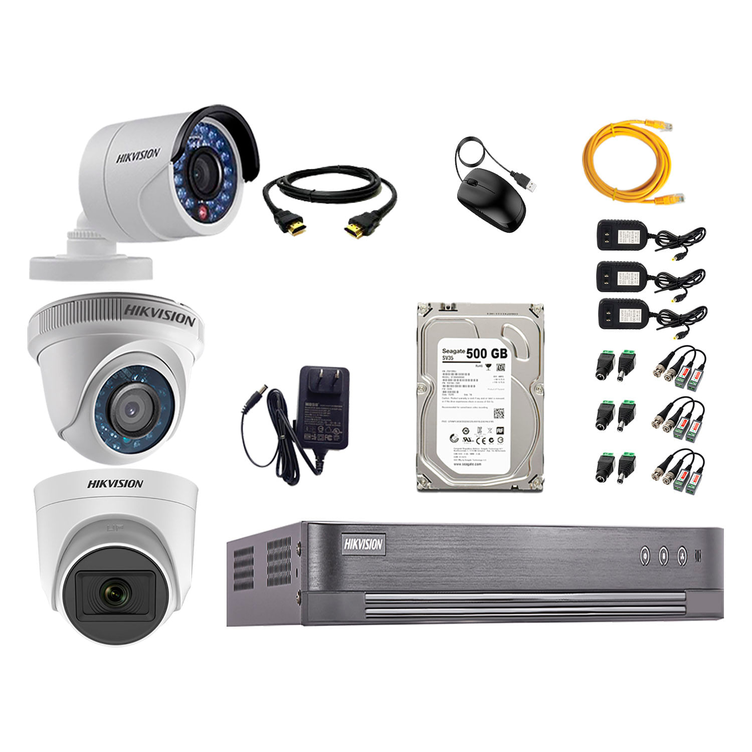 Kit de seguridad Hikvision 1 cámara Domo (micrófono incorporado) 1080P + 1 cámara Domo Turbo 720P + 1 cámara Tubo Turbo 720P + dvr + disco 500GB