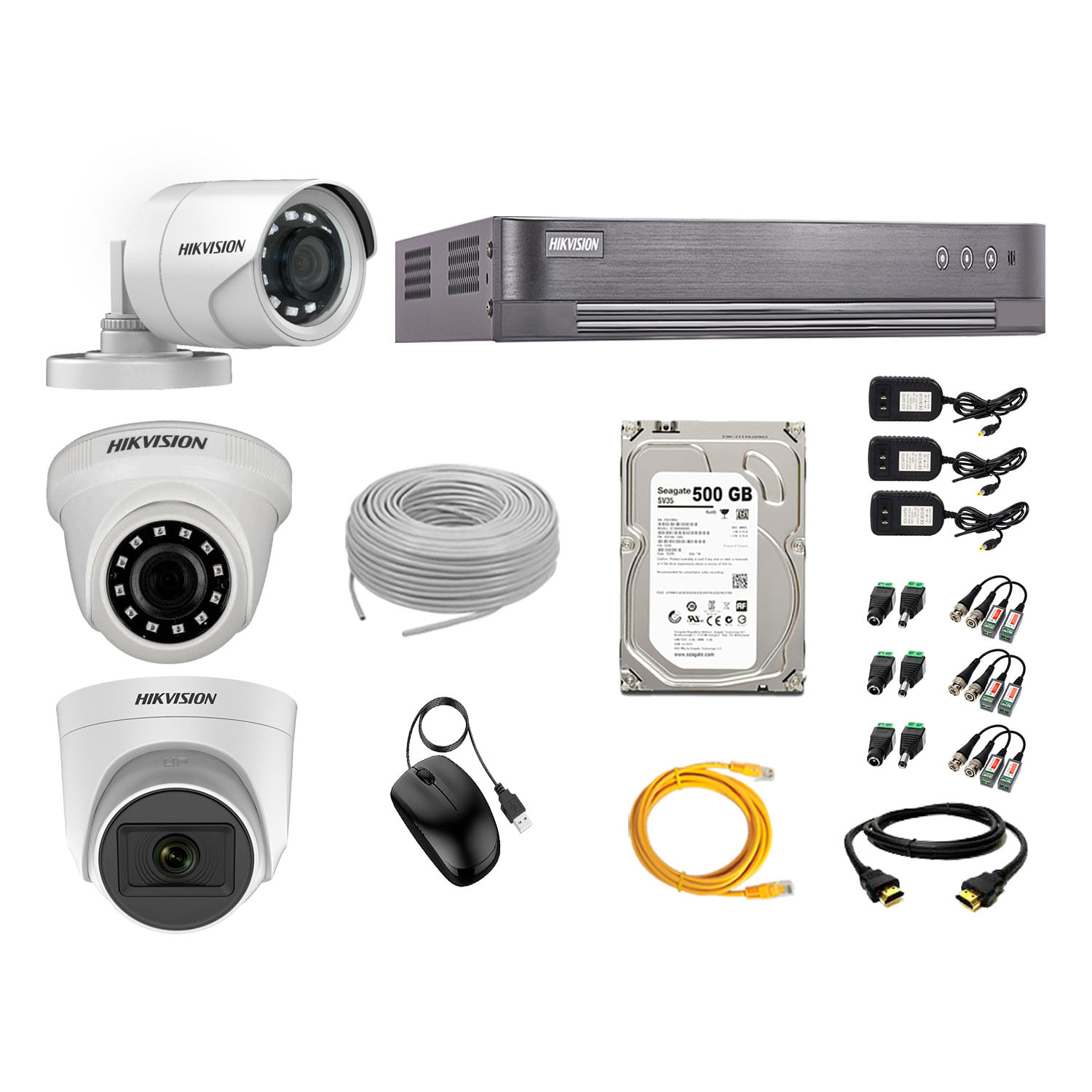 Kit de seguridad Hikvision 1 cámara Domo (micrófono incorporado) 1080P + 1 cámara Domo Turbo 1080P + 1 cámara Tubo Turbo 1080P + dvr + disco 500GB