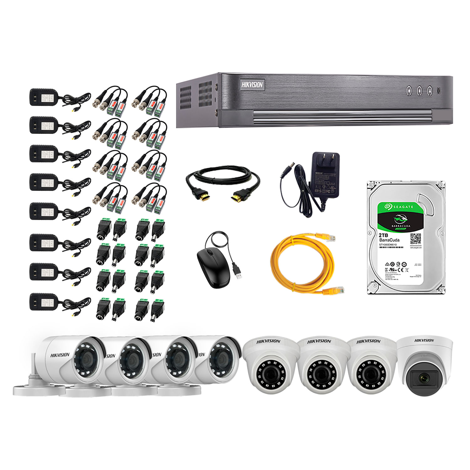 Imagen 1 del producto Kit de seguridad Hikvision 1 cámara Domo (micrófono incorporado) 1080P + 3 cámaras Domo Turbo 1080P + 4 cámaras Tubo Turbo 1080P + dvr + disco 2TB