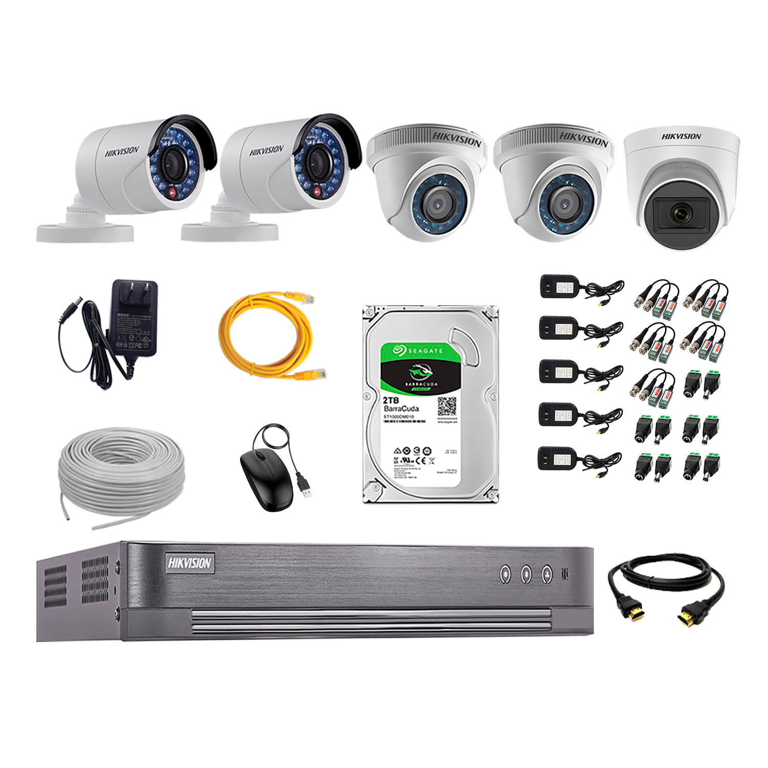 Imagen 1 del producto Kit de seguridad Hikvision 1 cámara Domo (micrófono incorporado) 1080P + 2 cámaras Domo Turbo 720P + 2 cámaras Tubo Turbo 720P + dvr + disco 2TB