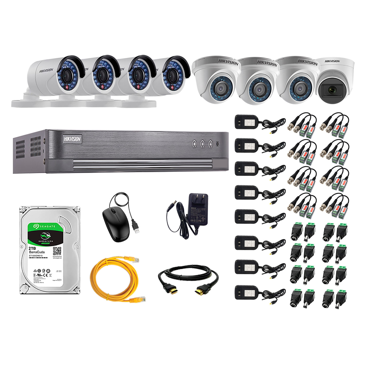 Imagen 1 del producto Kit de seguridad Hikvision 1 cámara Domo (micrófono incorporado) 1080P + 3 cámaras Domo Turbo 720P + 4 cámaras Tubo Turbo 720P + dvr + disco 2TB