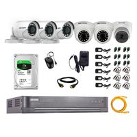 Kit de seguridad Hikvision 1 cámara Domo (micrófono incorporado) 1080P + 2 cámaras Domo Turbo 1080P + 3 cámaras Tubo Turbo 1080P + dvr + disco 2TB