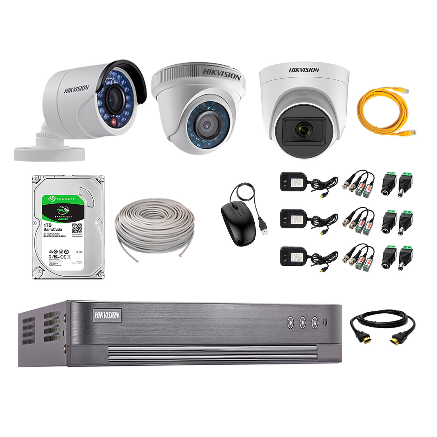 Imagen 1 del producto Kit de seguridad Hikvision 1 cámara Domo (micrófono incorporado) 1080P + 1 cámara Domo Turbo 720P + 1 cámara Tubo Turbo 720P + dvr + disco 1TB