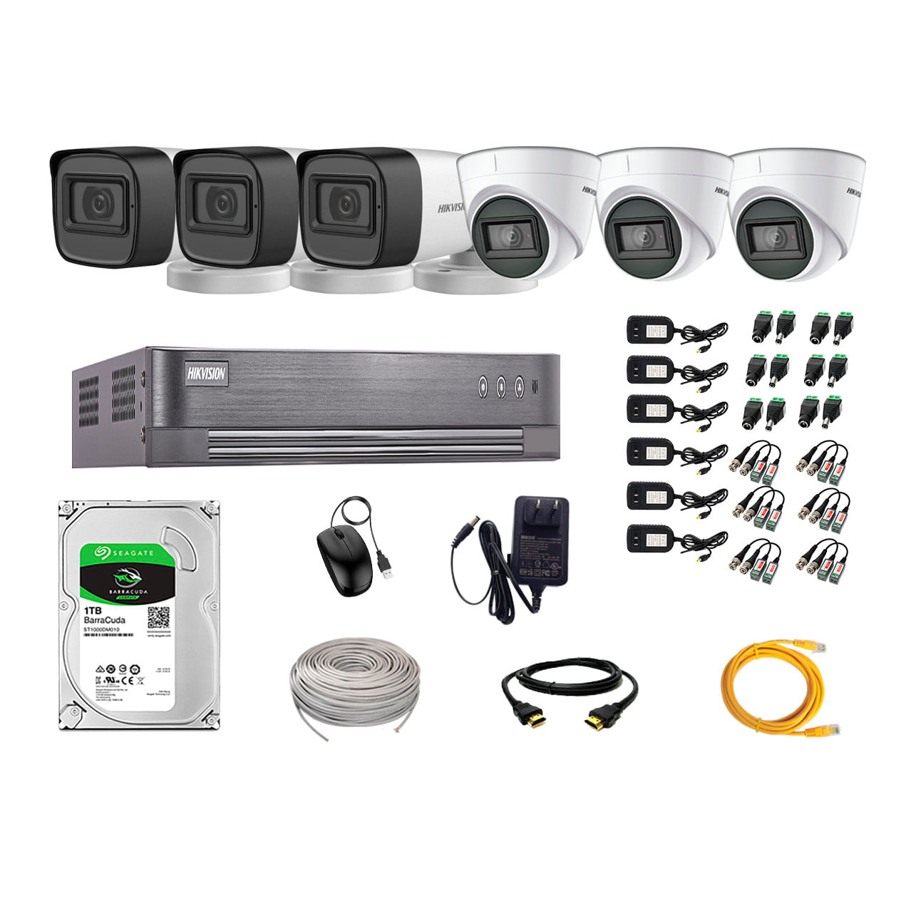 Imagen 1 del producto Kit de seguridad Hikvision 3 cámaras Domo (audio incorporado) 1080P + 3 cámaras Tubo (audio incorporado) 1080P + dvr + disco 1TB