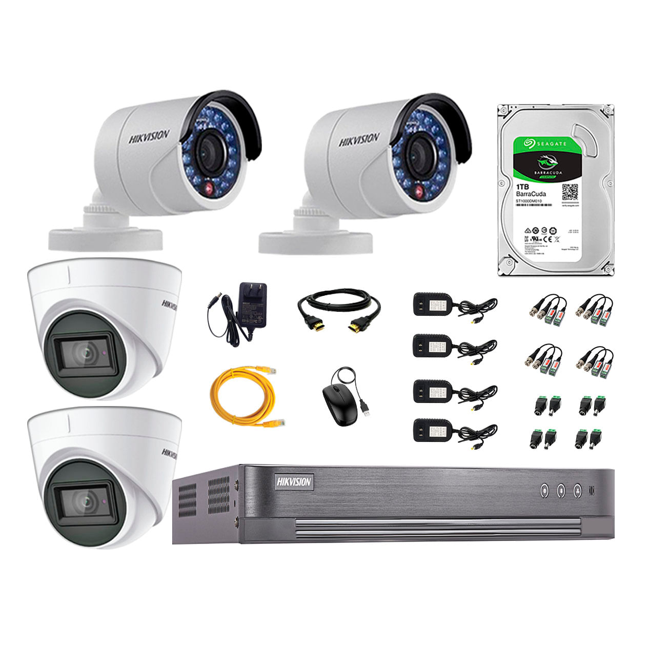 Imagen 1 del producto Kit de seguridad Hikvision 2 cámaras Domo (audio incorporado) 1080P + 2 cámaras Tubo 1080P + dvr + disco 1TB