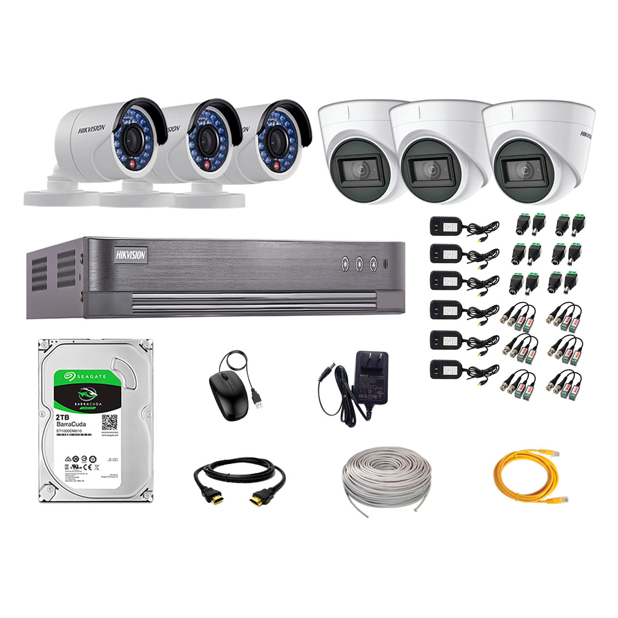 Imagen 1 del producto Kit de seguridad Hikvision 3 cámaras Domo (audio incorporado) 1080P + 3 cámaras Tubo 1080P + dvr + disco 2TB