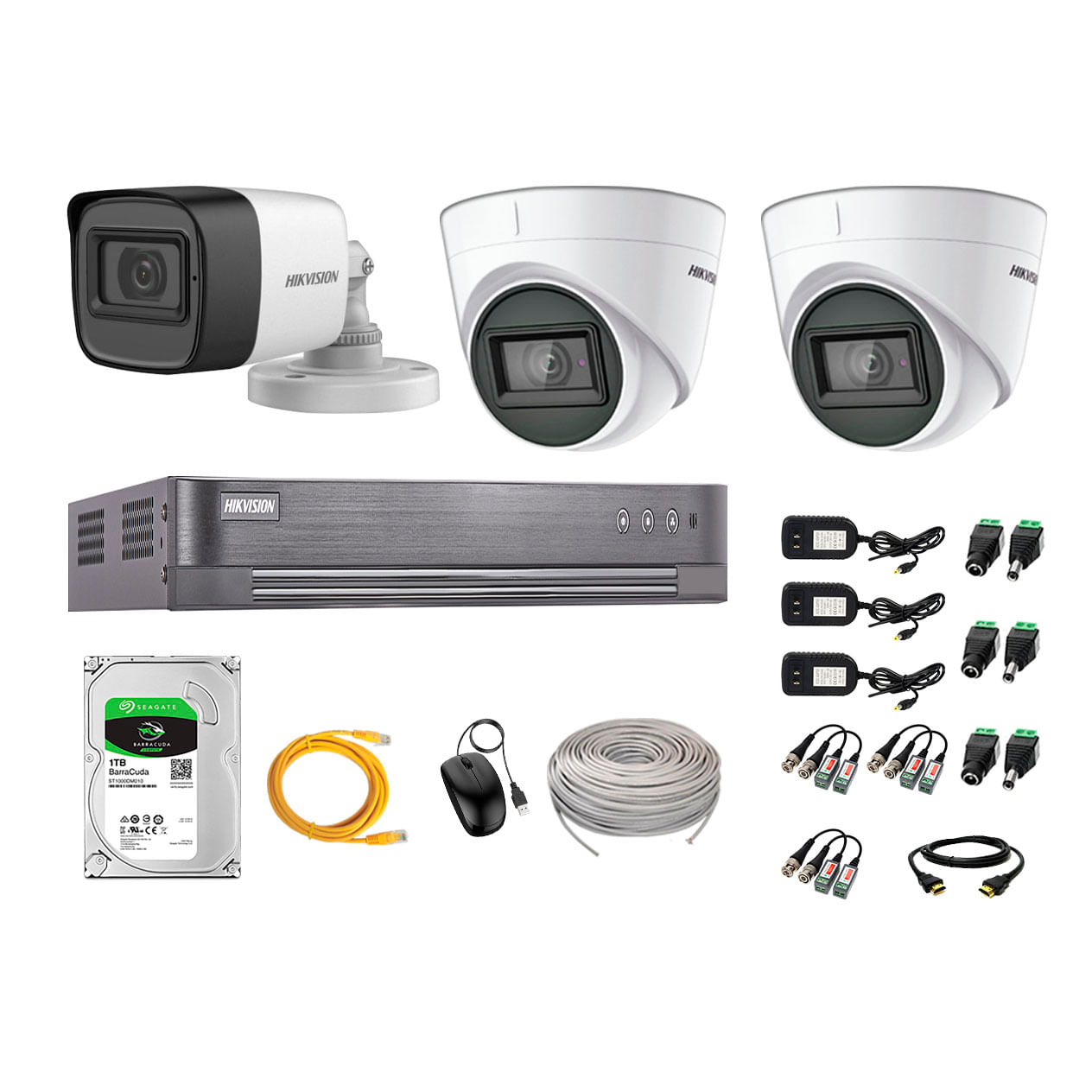 Imagen 1 del producto Kit de seguridad Hikvision 2 cámaras Domo (audio incorporado) 1080P + 1 cámara Tubo (audio incorporado) 1080P + dvr + disco 1TB