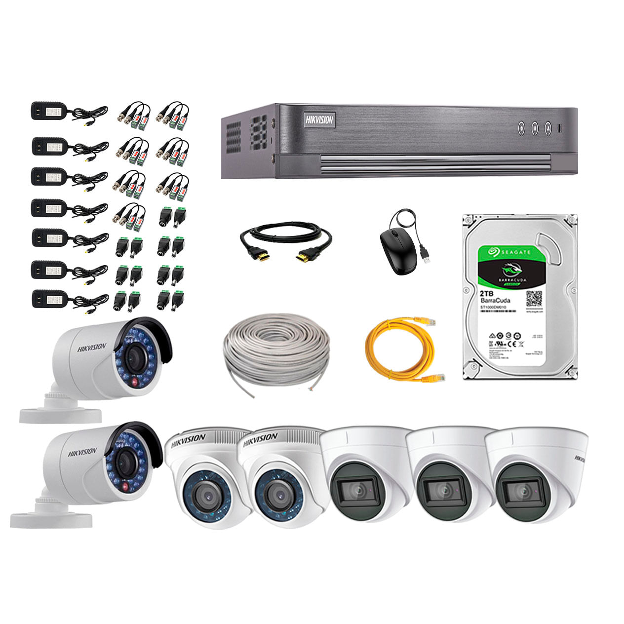 Imagen 1 del producto Kit de seguridad Hikvision 3 cámaras Domo (audio incorporado) 1080P + 2 cámaras Domo 1080P + 2 cámaras Tubo 1080P + dvr + disco 2TB