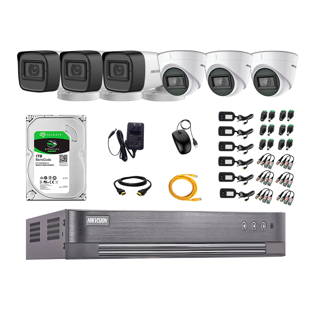 Imagen 1 del producto Kit de seguridad Hikvision 3 cámaras Domo (audio incorporado) 1080P + 3 cámaras Tubo (audio incorporado) 1080P + dvr + disco 1TB