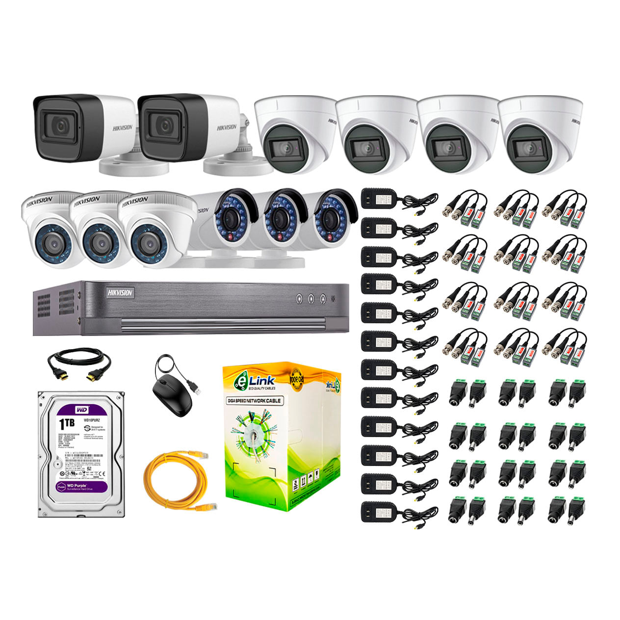 Kit de seguridad Hikvision 4 cámaras Domo (audio incorporado) + 2 cámaras Tubo (audio incorporado) + 3 cámaras Domo + 3 cámaras Tubo + disco 1TB