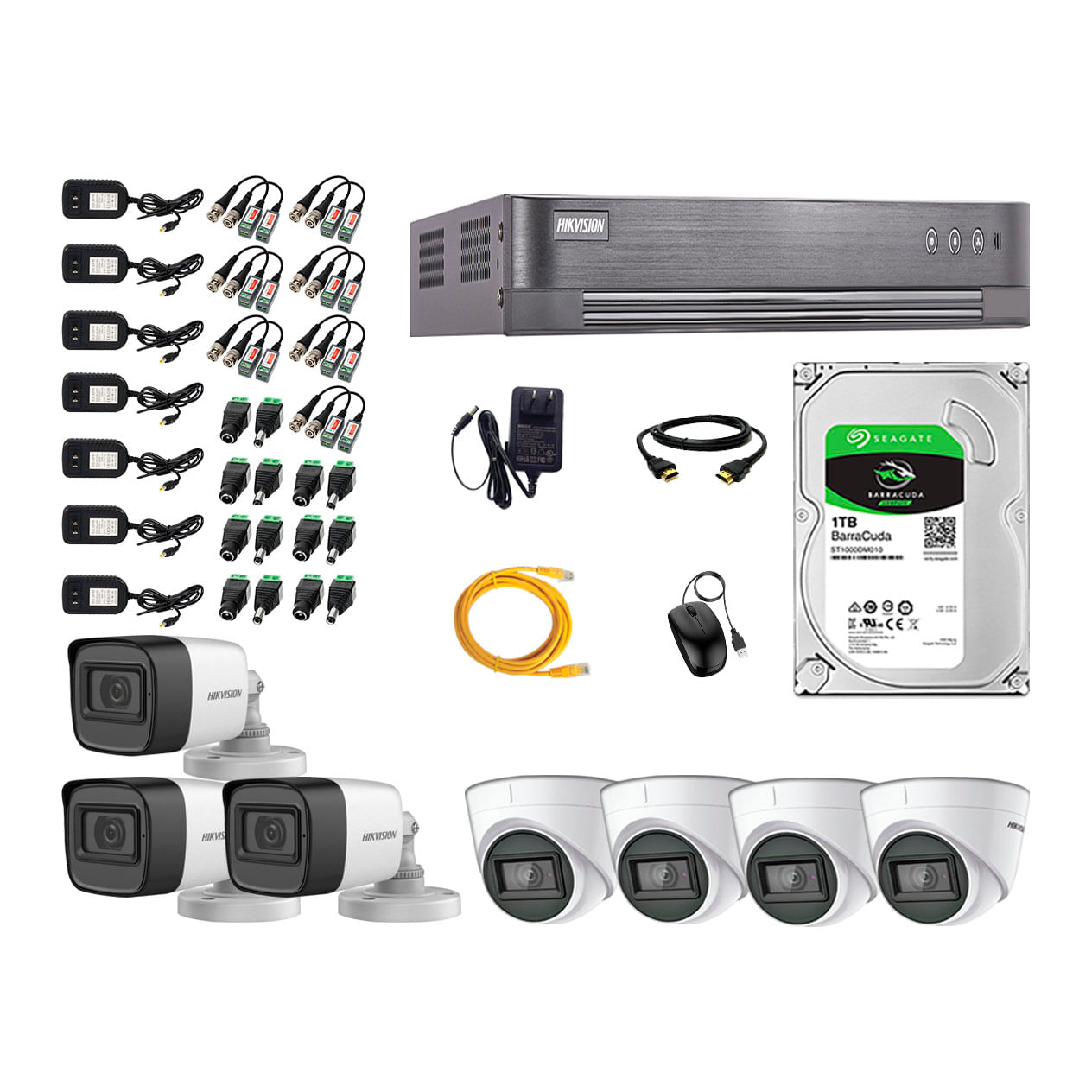 Imagen 1 del producto Kit de seguridad Hikvision 4 cámaras Domo (audio incorporado) 1080P + 3 cámaras Tubo (audio incorporado) 1080P + dvr + disco 1TB