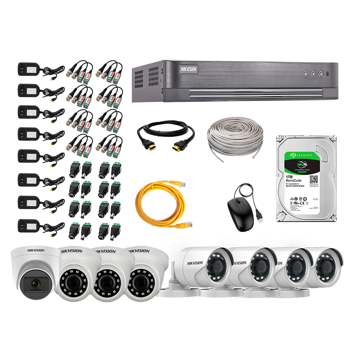 Imagen 1 del producto Kit de seguridad Hikvision 1 cámara Domo (micrófono incorporado) 1080P + 3 cámaras Domo Turbo 1080P + 4 cámaras Tubo Turbo 1080P + dvr + disco 1TB
