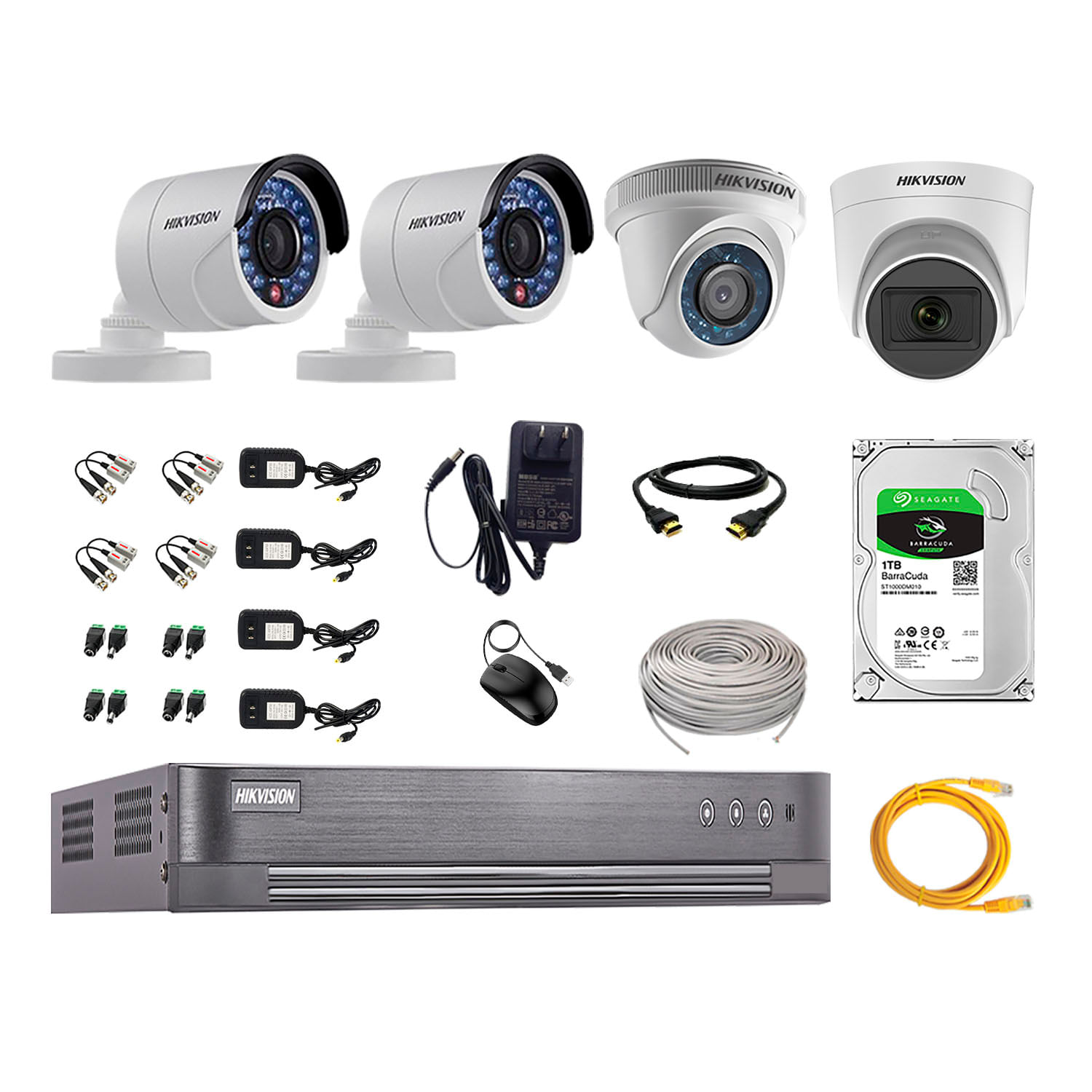 Imagen 1 del producto Kit de seguridad Hikvision 1 cámara Domo (micrófono incorporado) 1080P + 1 cámara Domo Turbo 720P + 2 cámaras Tubo Turbo 720P + dvr + disco 1TB
