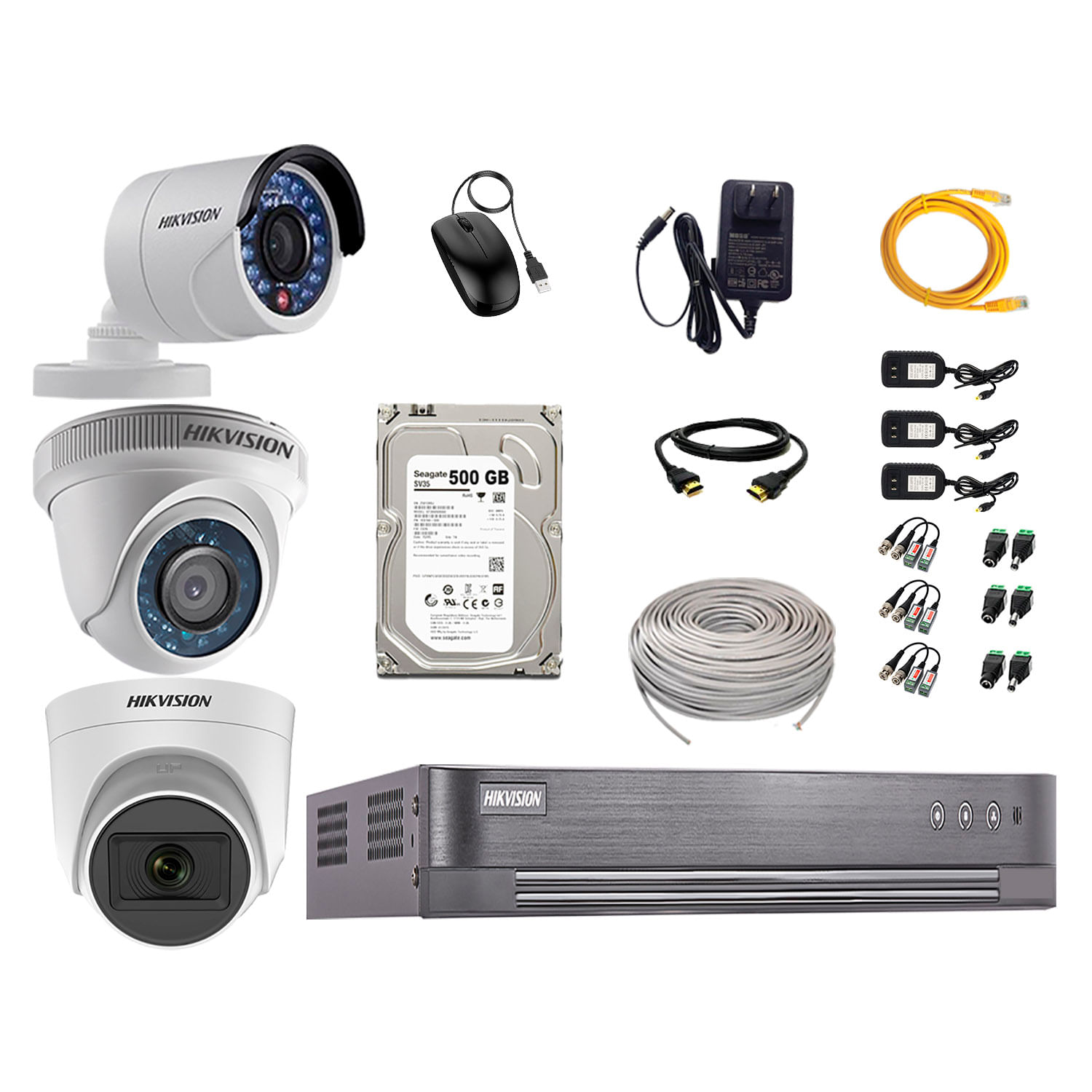 Kit de seguridad Hikvision 1 cámara Domo (micrófono incorporado) 1080P + 1 cámara Domo Turbo 720P + 1 cámara Tubo Turbo 720P + dvr + disco 500GB
