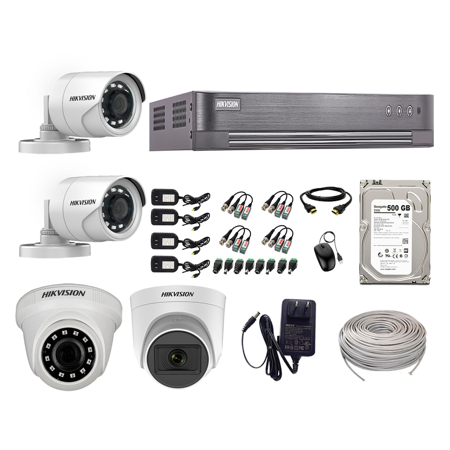 Kit de seguridad Hikvision 1 cámara Domo (micrófono incorporado) 1080P + 1 cámara Domo Turbo 1080P + 2 cámaras Tubo Turbo 1080P + dvr + disco 500GB