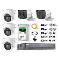 Kit de seguridad Hikvision 3 cámaras Domo (audio incorporado) 1080P + 2 cámaras Tubo (audio incorporado) 1080P + dvr + disco 2TB