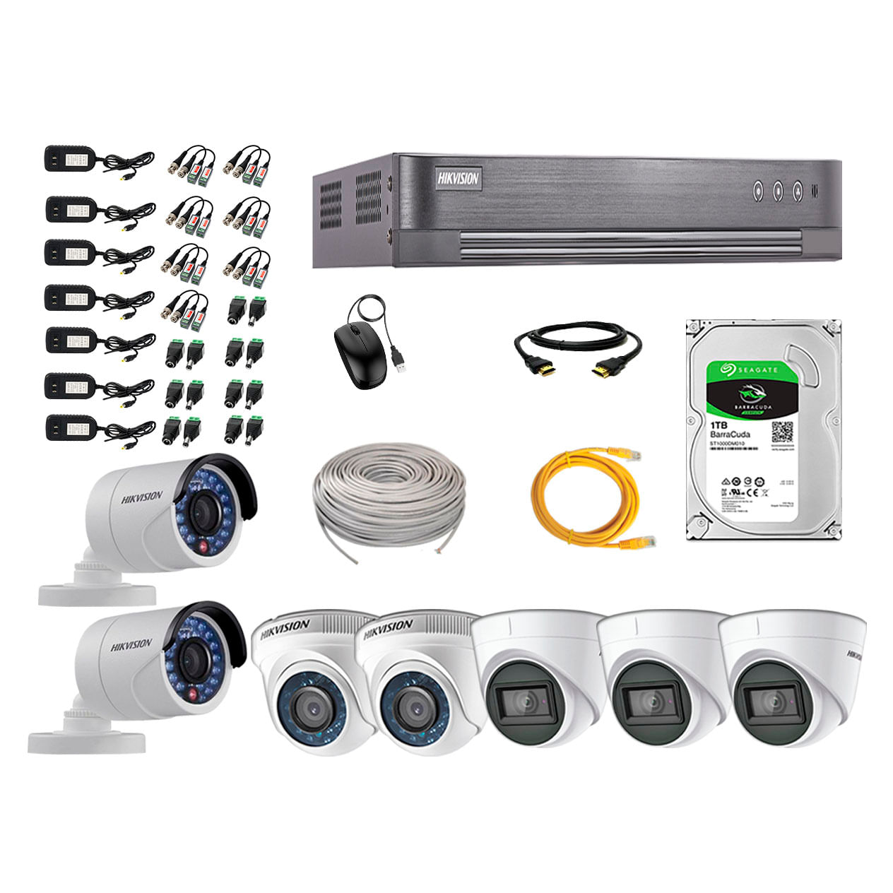 Imagen 1 del producto Kit de seguridad Hikvision 3 cámaras Domo (audio incorporado) 1080P + 2 cámaras Domo 1080P + 2 cámaras Tubo 1080P + dvr + disco 1TB