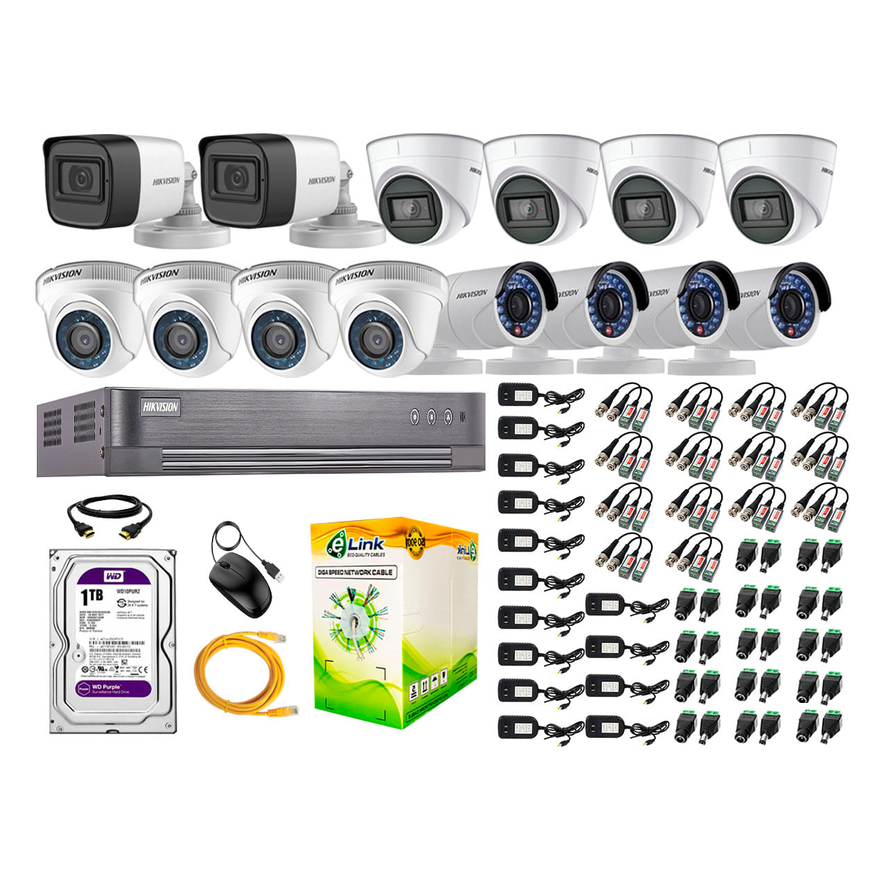 Kit de seguridad Hikvision 4 cámaras Domo (audio incorporado) + 2 cámaras Tubo (audio incorporado) + 4 cámaras Tubo + 4 cámaras Domo + dvr + disco 1TB