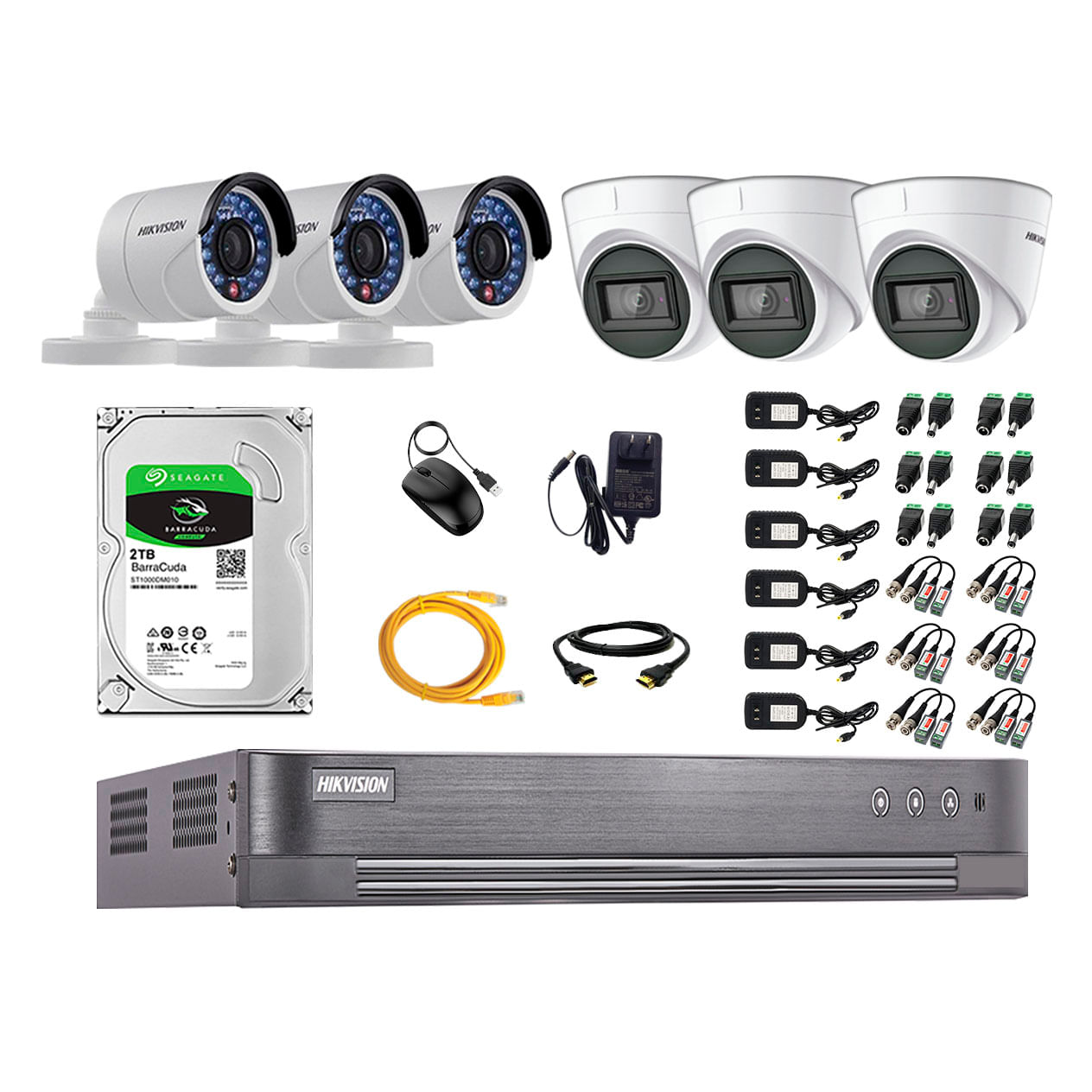 Imagen 1 del producto Kit de seguridad Hikvision 3 cámaras Domo (audio incorporado) 1080P + 3 cámaras Tubo 1080P + dvr + disco 2TB