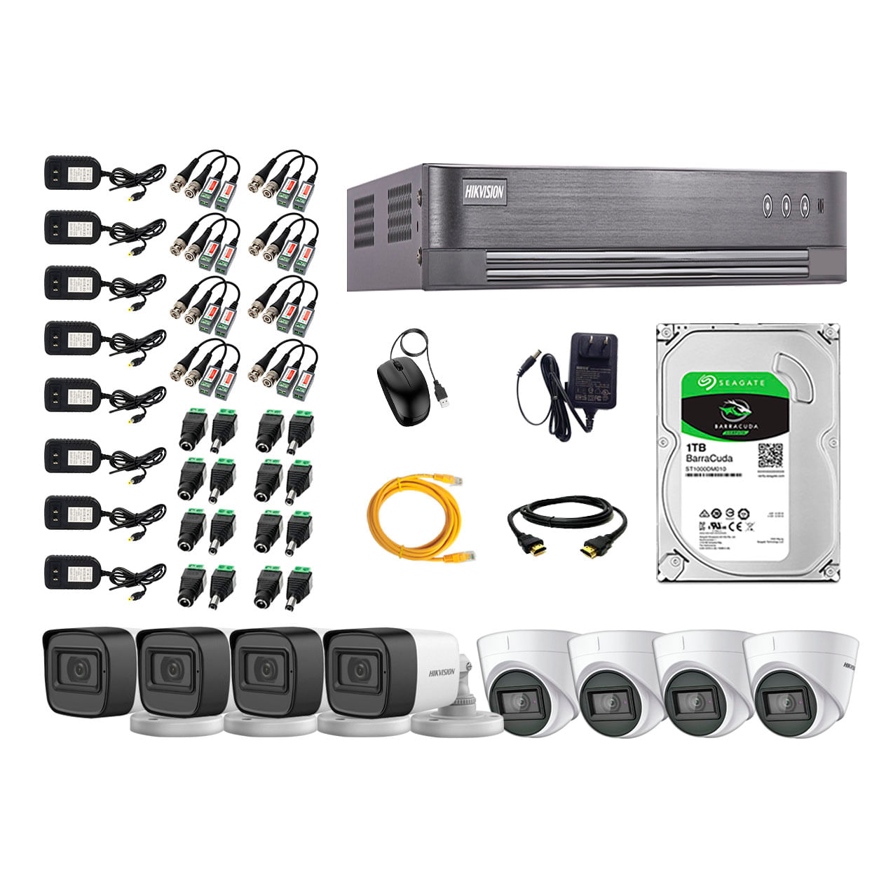 Kit de seguridad Hikvision 4 cámaras Domo (audio incorporado) 1080P + 4 cámaras Tubo (audio incorporado) 1080P + dvr + disco 1TB