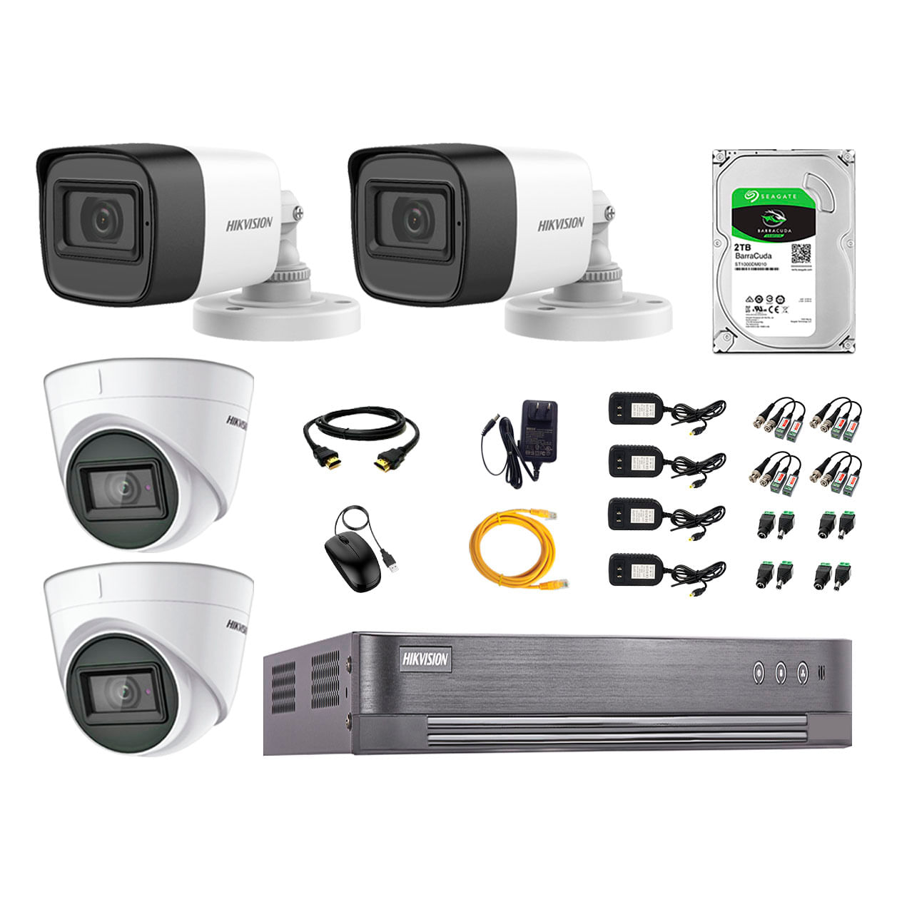Imagen 1 del producto Kit de seguridad Hikvision 2 cámaras Domo (audio incorporado) 1080P + 2 cámaras Tubo 1080P + dvr + disco 2TB