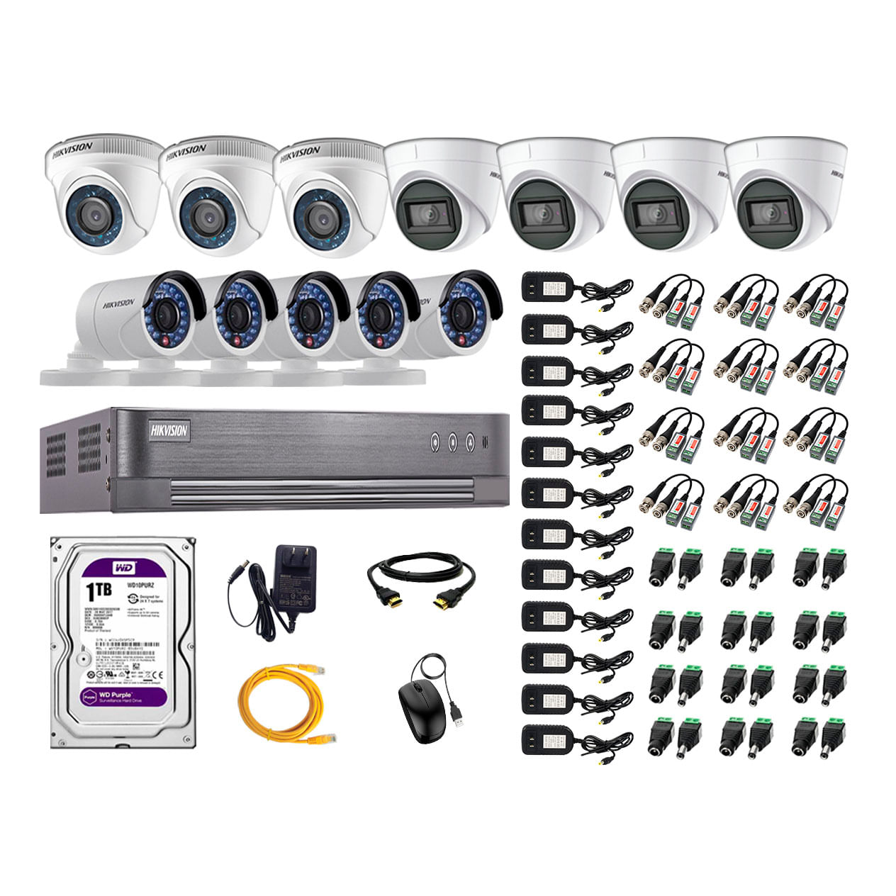 Kit de seguridad Hikvision 4 cámaras Domo (audio incorporado) 1080P + 3 cámaras Domo 1080P + 5 cámaras Tubo 1080P + dvr + disco 1TB