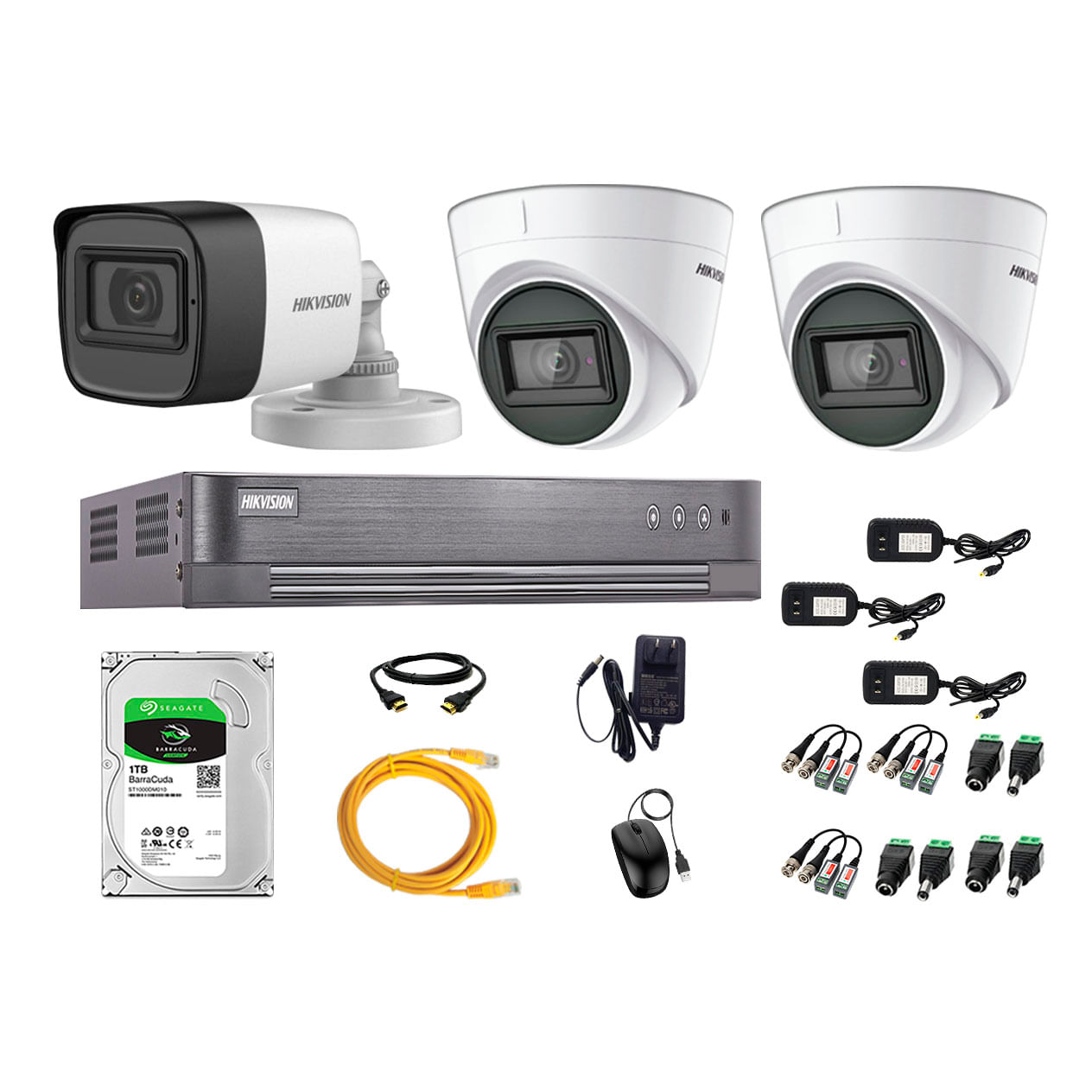 Imagen 1 del producto Kit de seguridad Hikvision 2 cámaras Domo (audio incorporado) 1080P + 1 cámara Tubo (audio incorporado) 1080P + dvr + disco 1TB