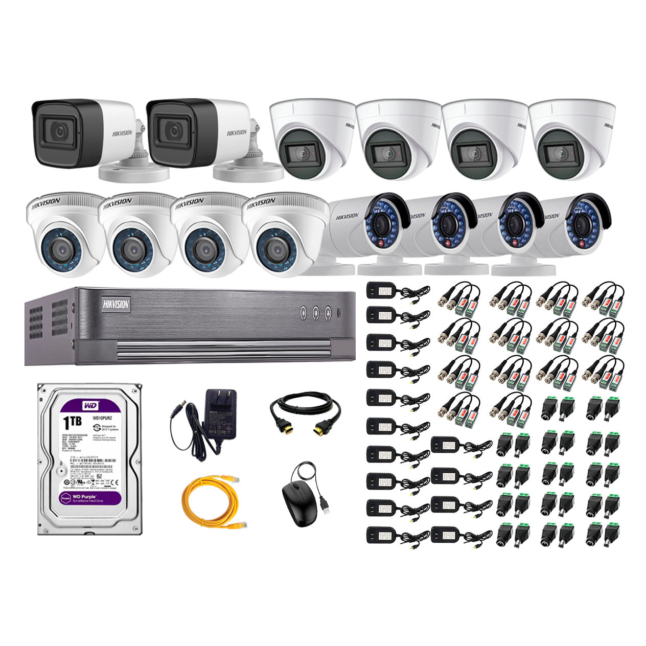 Kit de seguridad Hikvision 4 cámaras Domo (audio incorporado) + 2 cámaras Tubo (audio incorporado) + 4 cámaras Domo + 4 cámaras Tubo + dvr + disco 1TB