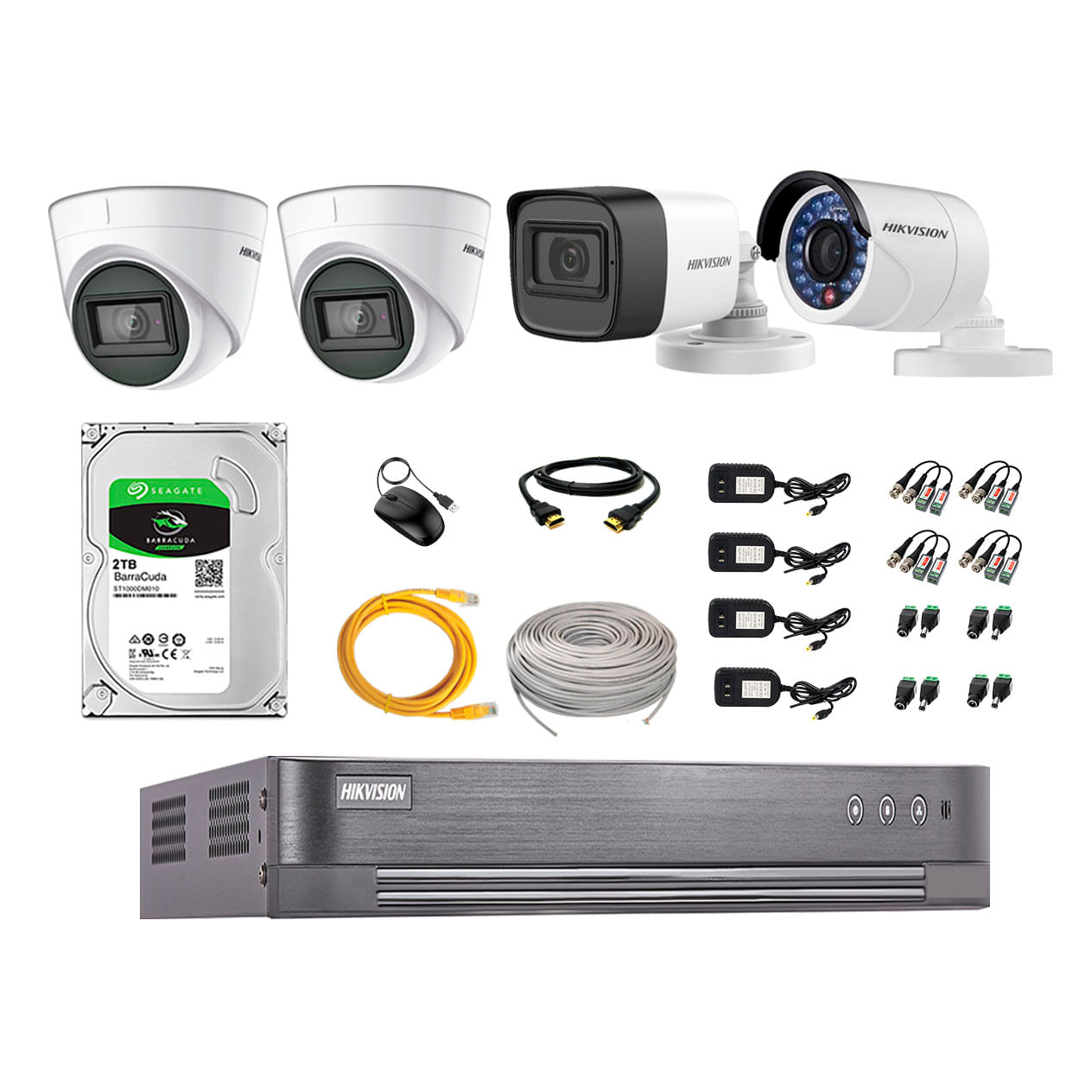 Imagen 1 del producto Kit de seguridad Hikvision 2 cámaras Domo (audio incorporado) 1080P + 1 cámara Tubo (audio incorporado) 1080P + 1 cámara Tubo 1080P + dvr + disco 2TB