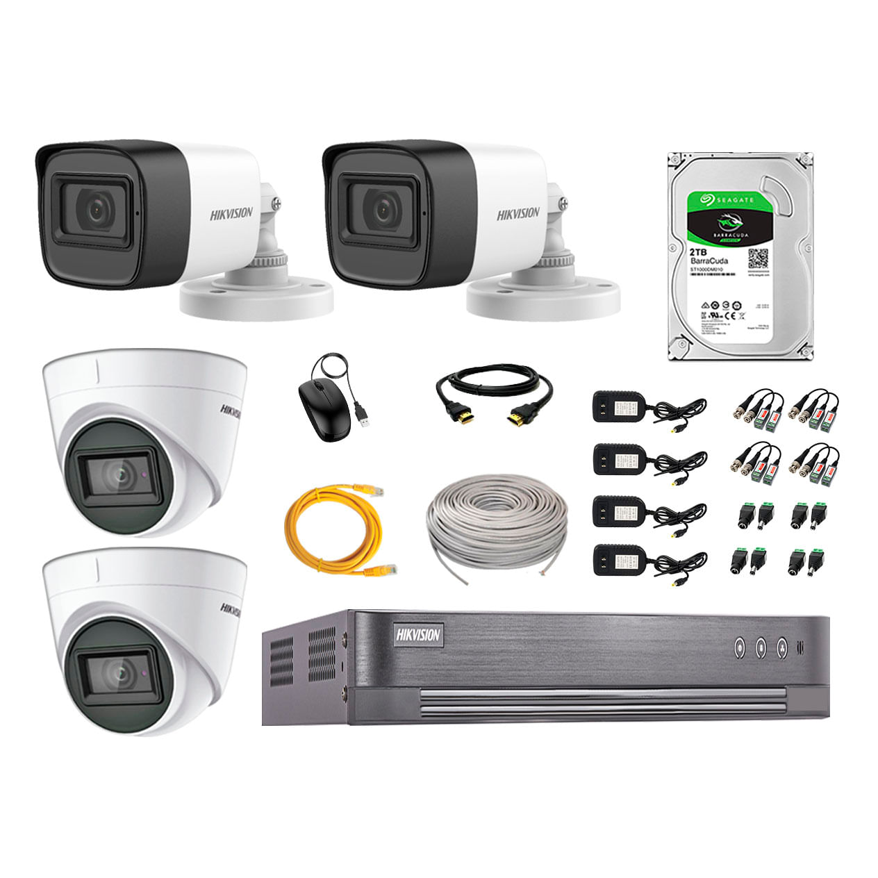 Kit de seguridad Hikvision 2  cámaras Domo (audio incorporado) 1080P + 2 cámaras Tubo (audio incorporado) 1080P + dvr + disco 2TB
