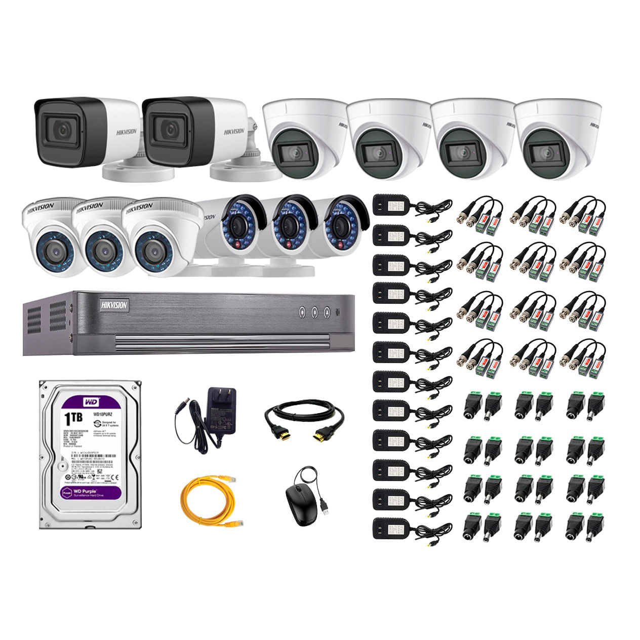 Kit de seguridad Hikvision 4 cámaras Domo (audio incorporado) + 2 cámaras Tubo (audio incorporado) + 3 cámaras Domo + 3 cámaras Tubo + dvr + disco 1TB