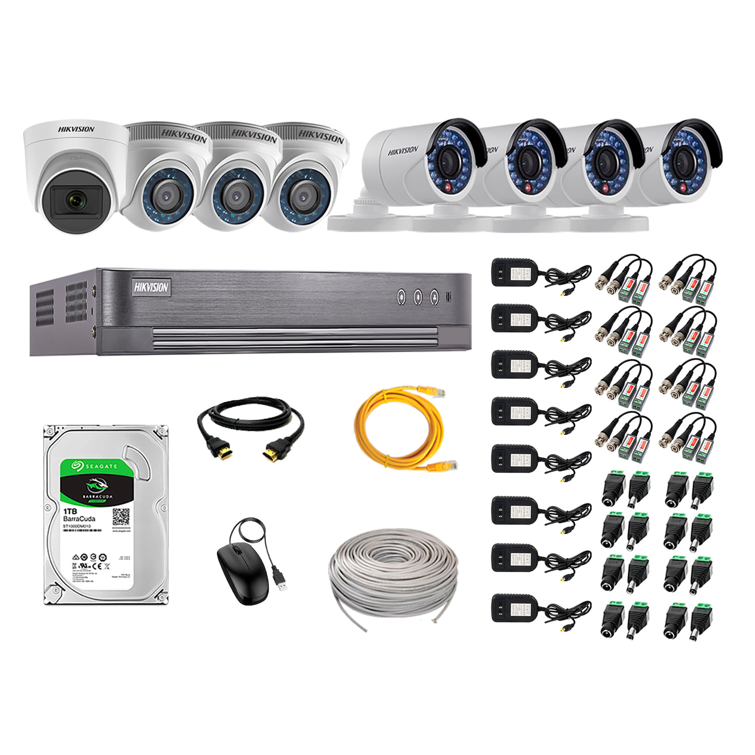 Imagen 1 del producto Kit de seguridad Hikvision 1 cámara Domo (micrófono incorporado) 1080P + 3 cámaras Domo Turbo 720P + 4 cámaras Tubo Turbo 720P + dvr + disco 1TB