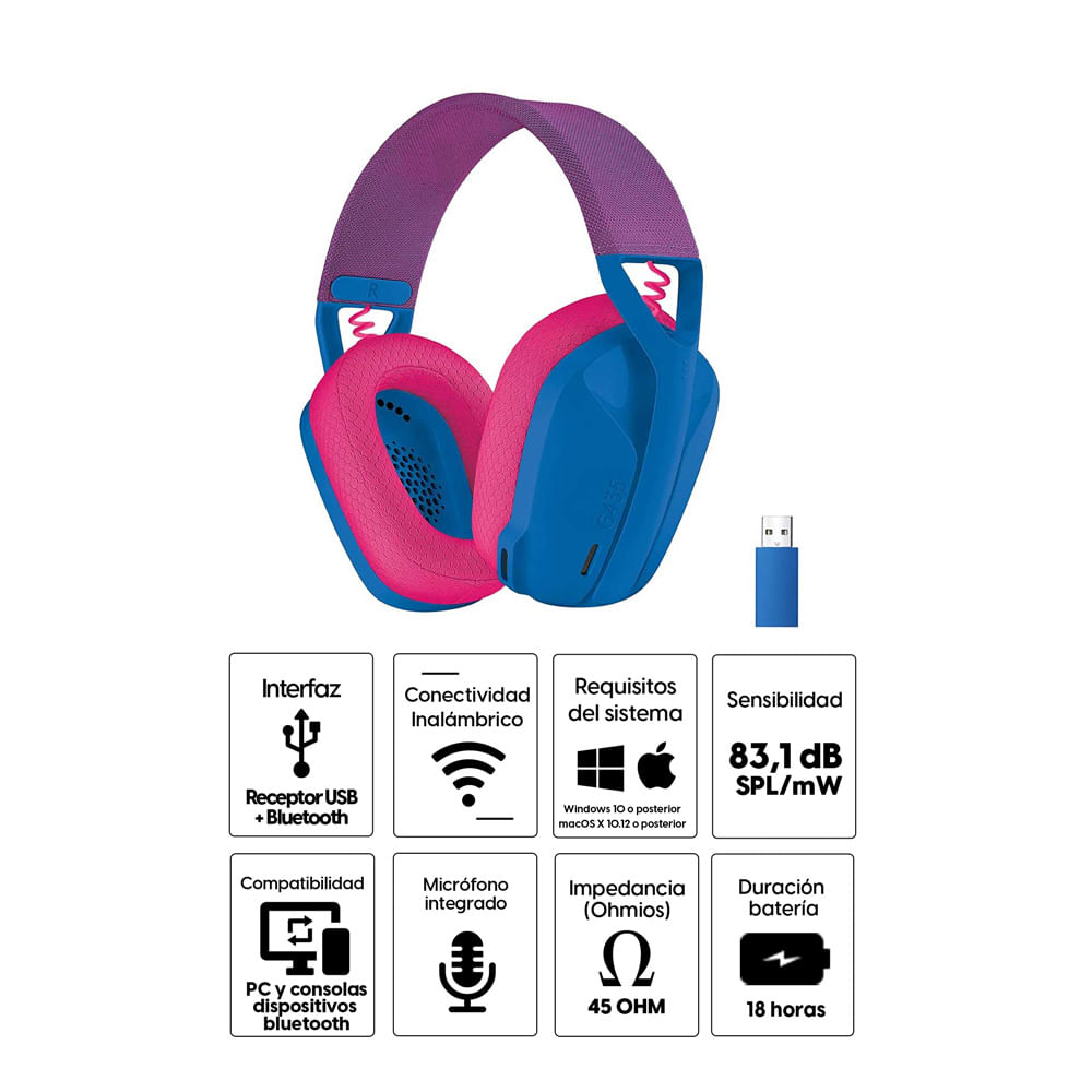 Imagen 2 del producto Audífonos gamer inalámbrico Logitech G435 Lightspeed, conexión bluetooth y usb, 45 ohm, sensibilidad: 83.1 dB, PC y consolas, azul