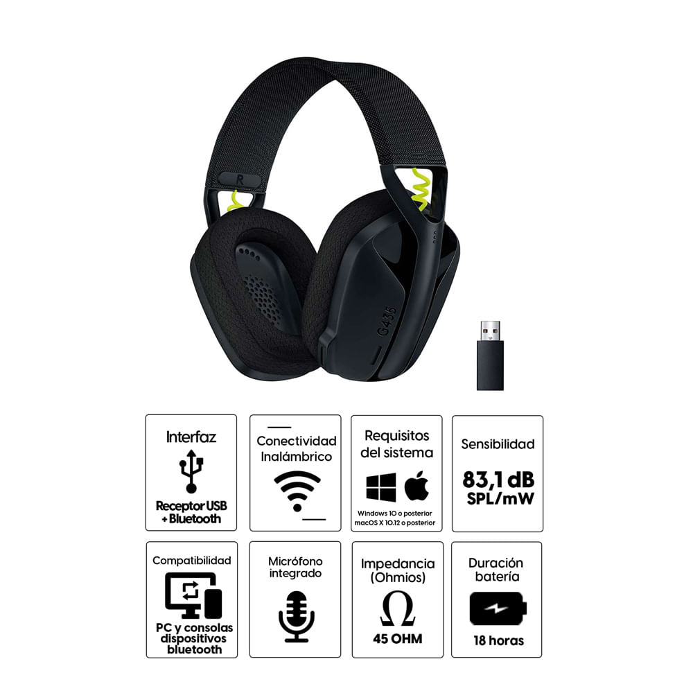 Imagen 2 del producto Audífonos gamer inalámbrico Logitech G435 Lightspeed, conexión bluetooth y usb, 45 ohm, sensibilidad: 83.1 dB, PC y consolas, negro