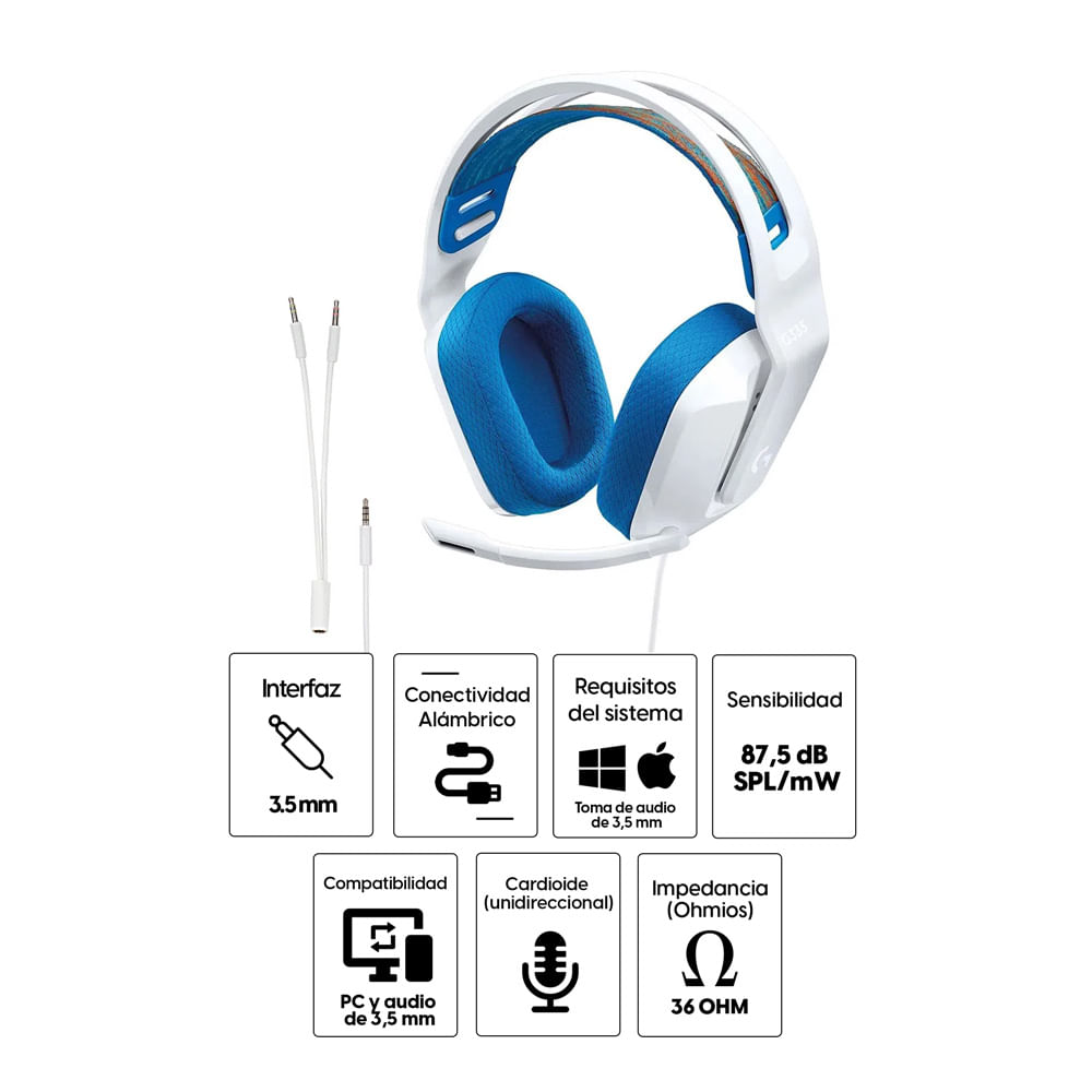 Imagen 2 del producto Audífonos gamer alámbrico Logitech G335 con micrófono, conexión jack 3.5, 36 ohms, sensibilidad: 87.5 dB, PC y consolas, blanco